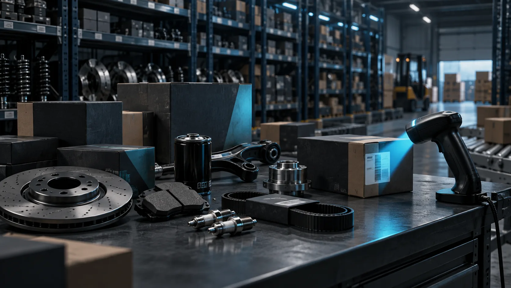 Organized automotive parts inventory prepared for digital integration